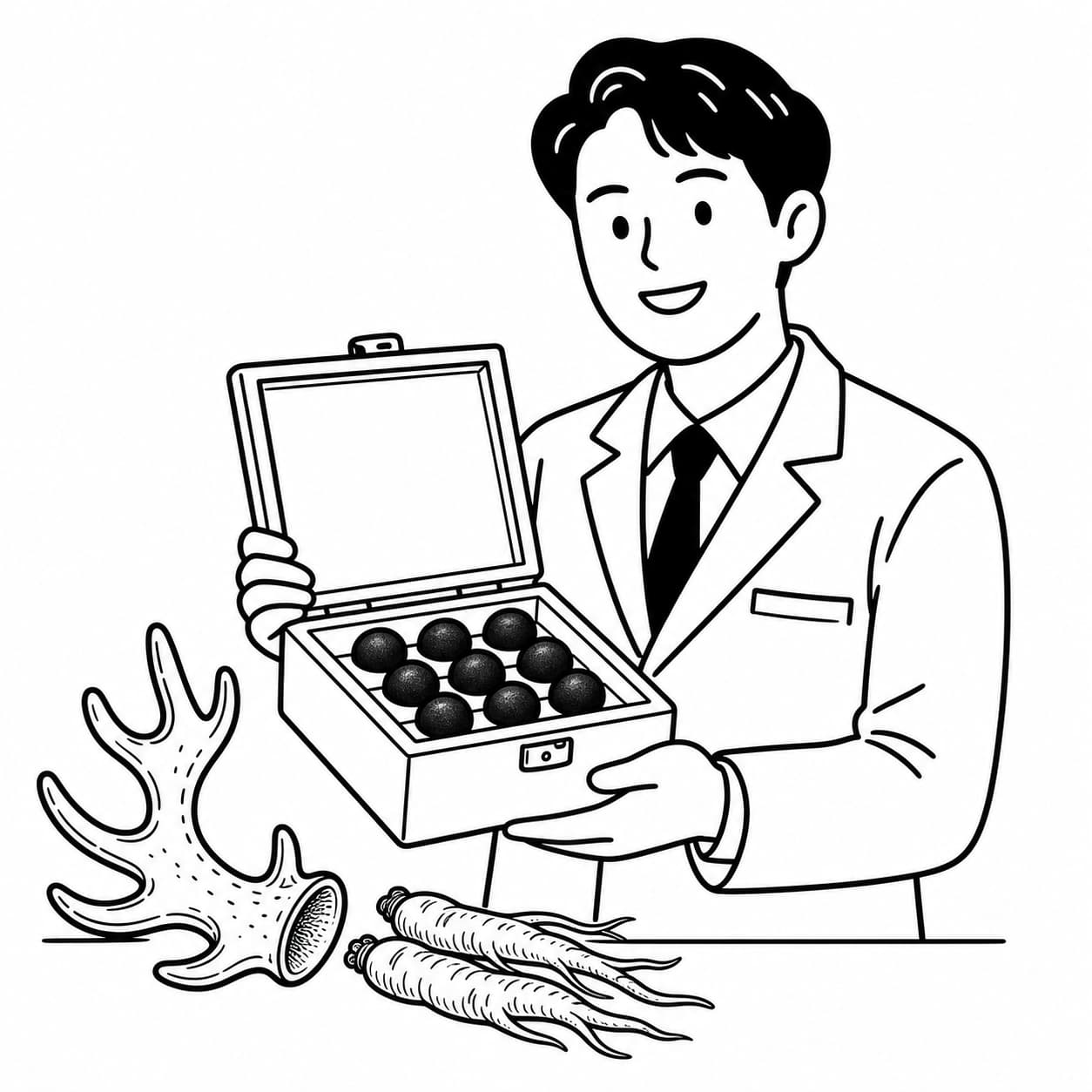 흑백 선화로 한의사가 공진단 환이 담긴 상자와 녹용·인삼을 보여주는 모습