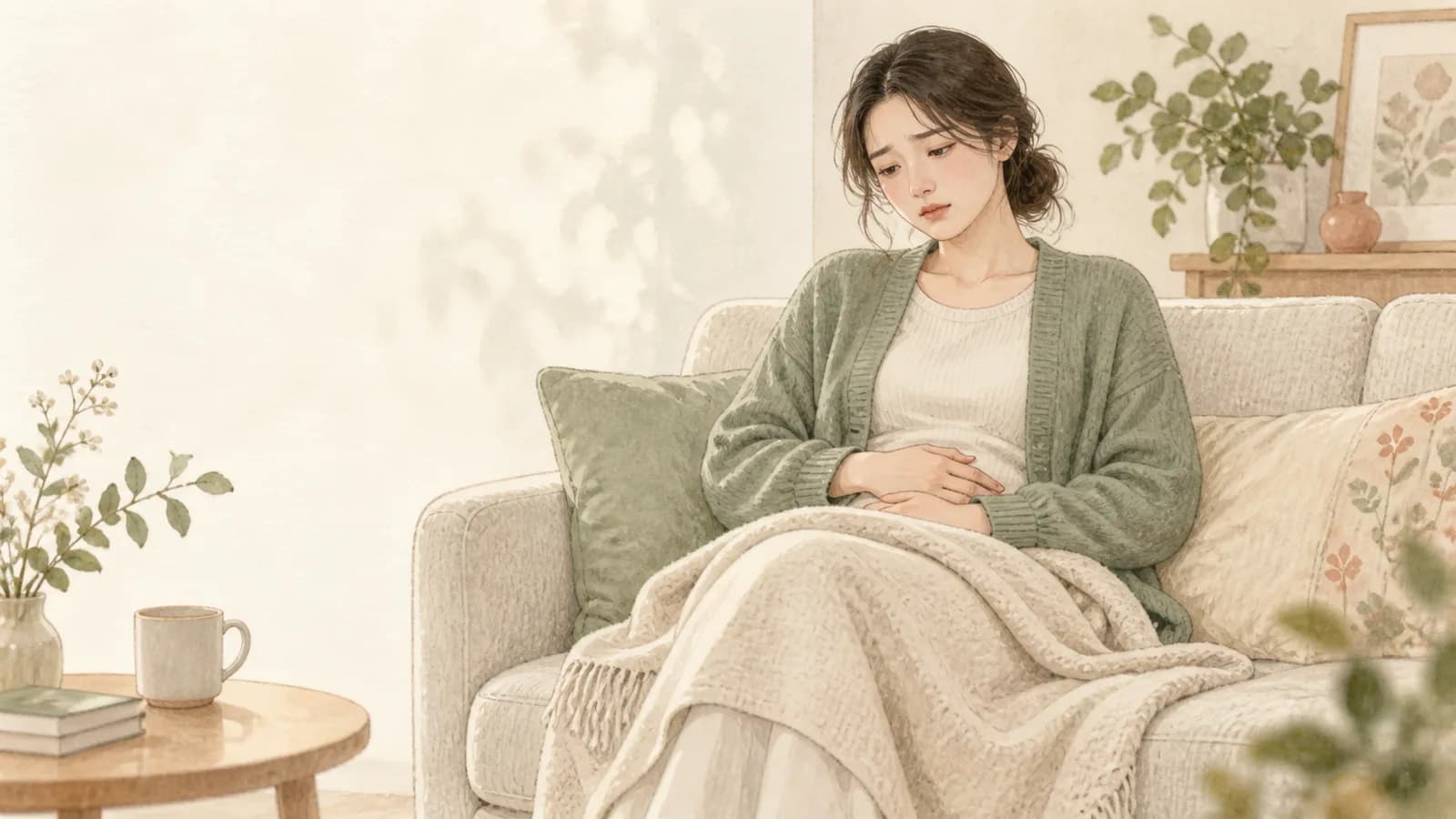담요를 덮고 앉아 아랫배의 불편을 살피는 한국 여성의 일러스트