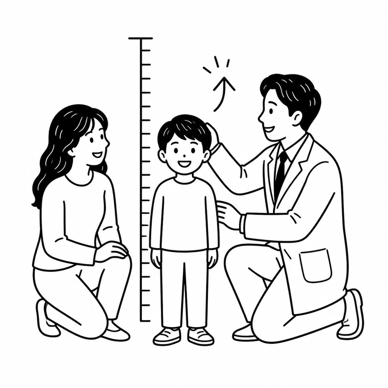 흑백 선화로 키 눈금 앞에 선 어린이와 보호자, 한의사가 성장 상태를 살피는 모습