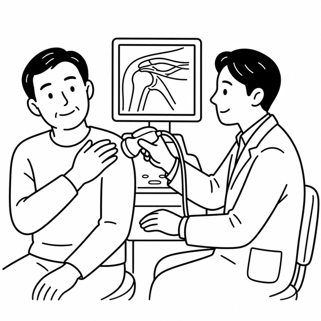 흑백 선화로 한의사가 어깨 통증 환자에게 초음파 검사를 시행하는 모습