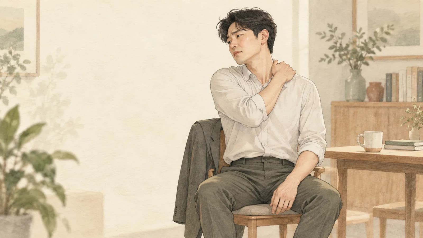 의자에 앉아 목과 어깨의 뻣뻣함을 살피는 한국 남성의 일러스트