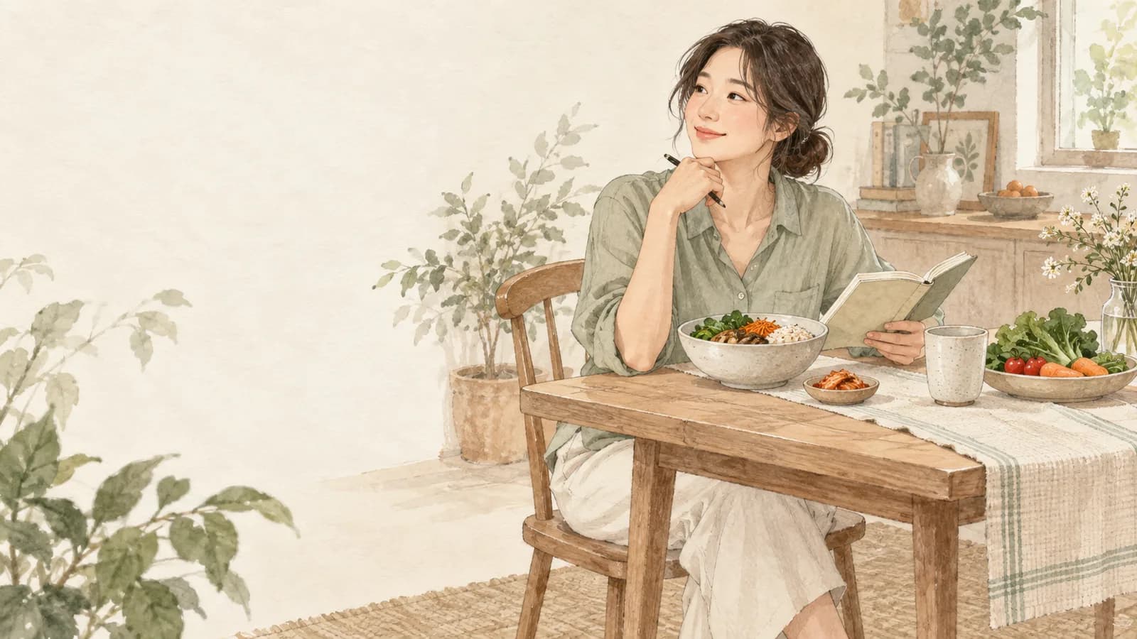 식탁에서 식사 계획을 생각하는 한국 여성의 일러스트