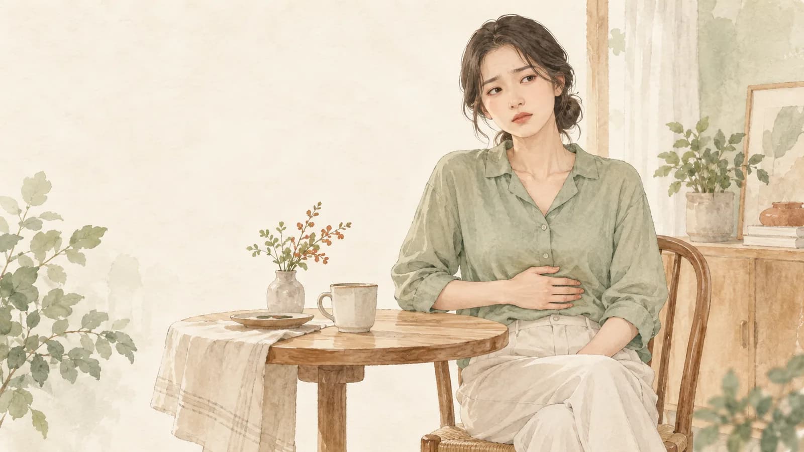 배에 손을 얹고 소화 불편을 느끼는 한국 여성의 일러스트
