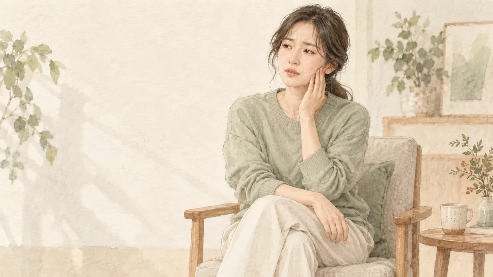 턱 옆에 손을 대고 불편을 느끼는 한국 여성의 일러스트