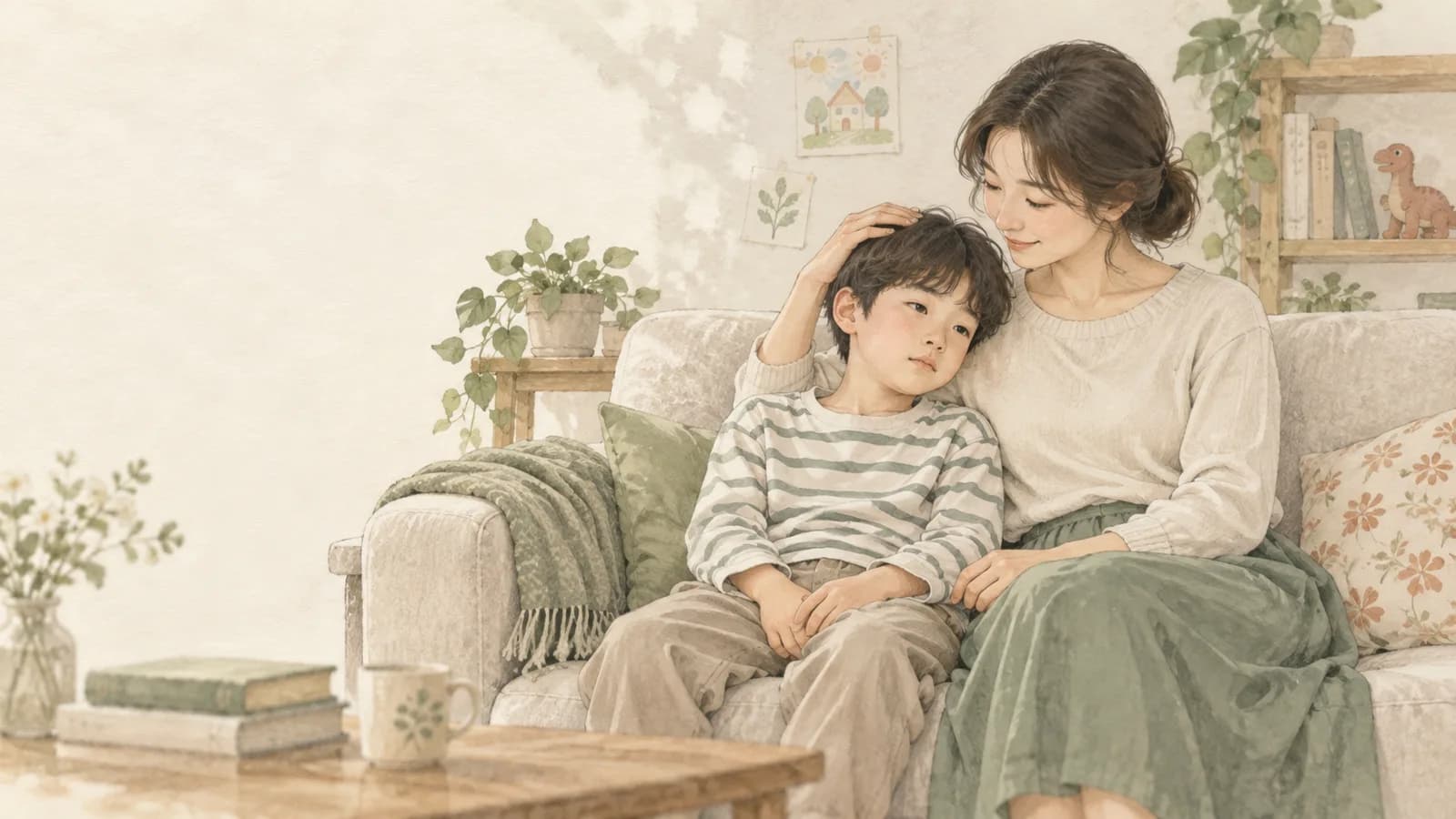 소파에서 아이 곁을 다정하게 지키는 한국 어머니의 일러스트