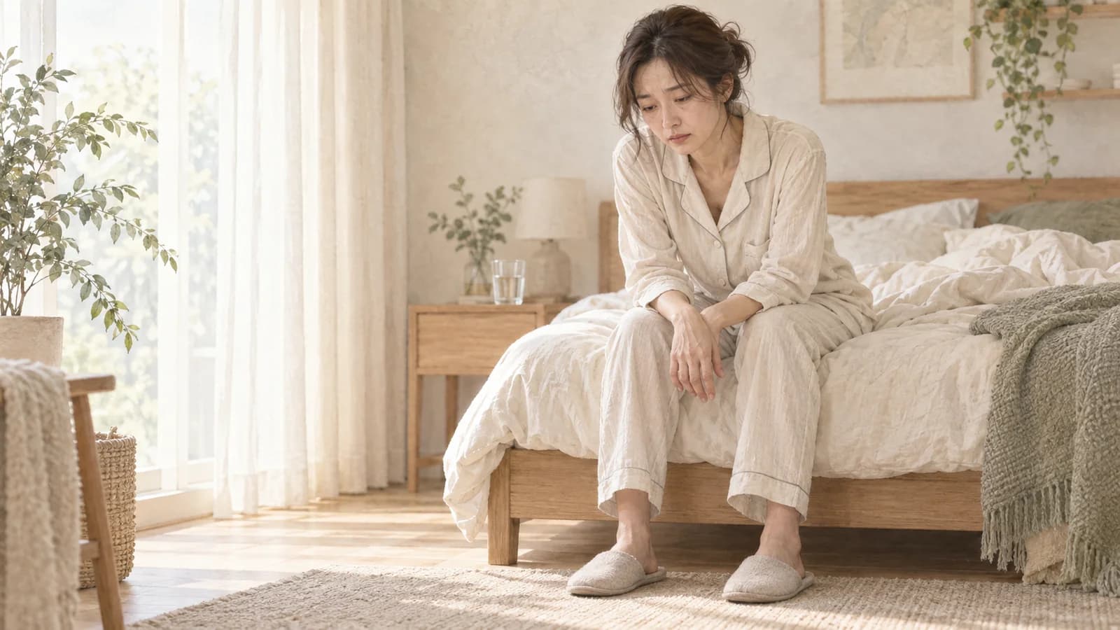아침에 잠에서 깬 뒤에도 피곤한 표정으로 침대 끝에 앉아 있는 한국 여성의 일러스트