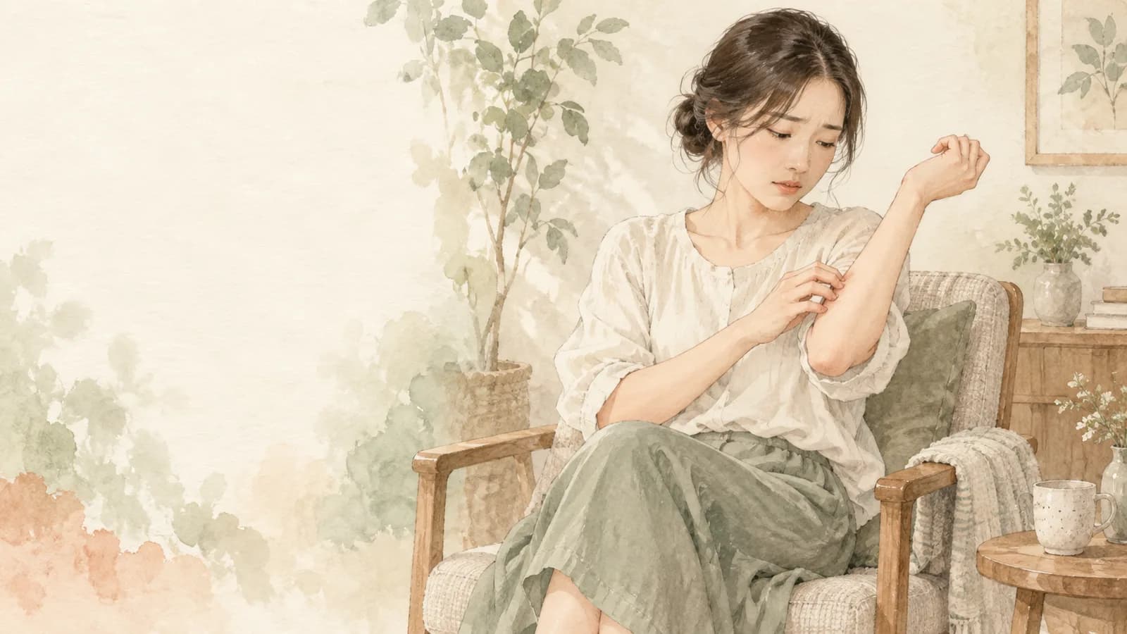 팔의 피부를 살펴보는 한국 여성의 일러스트