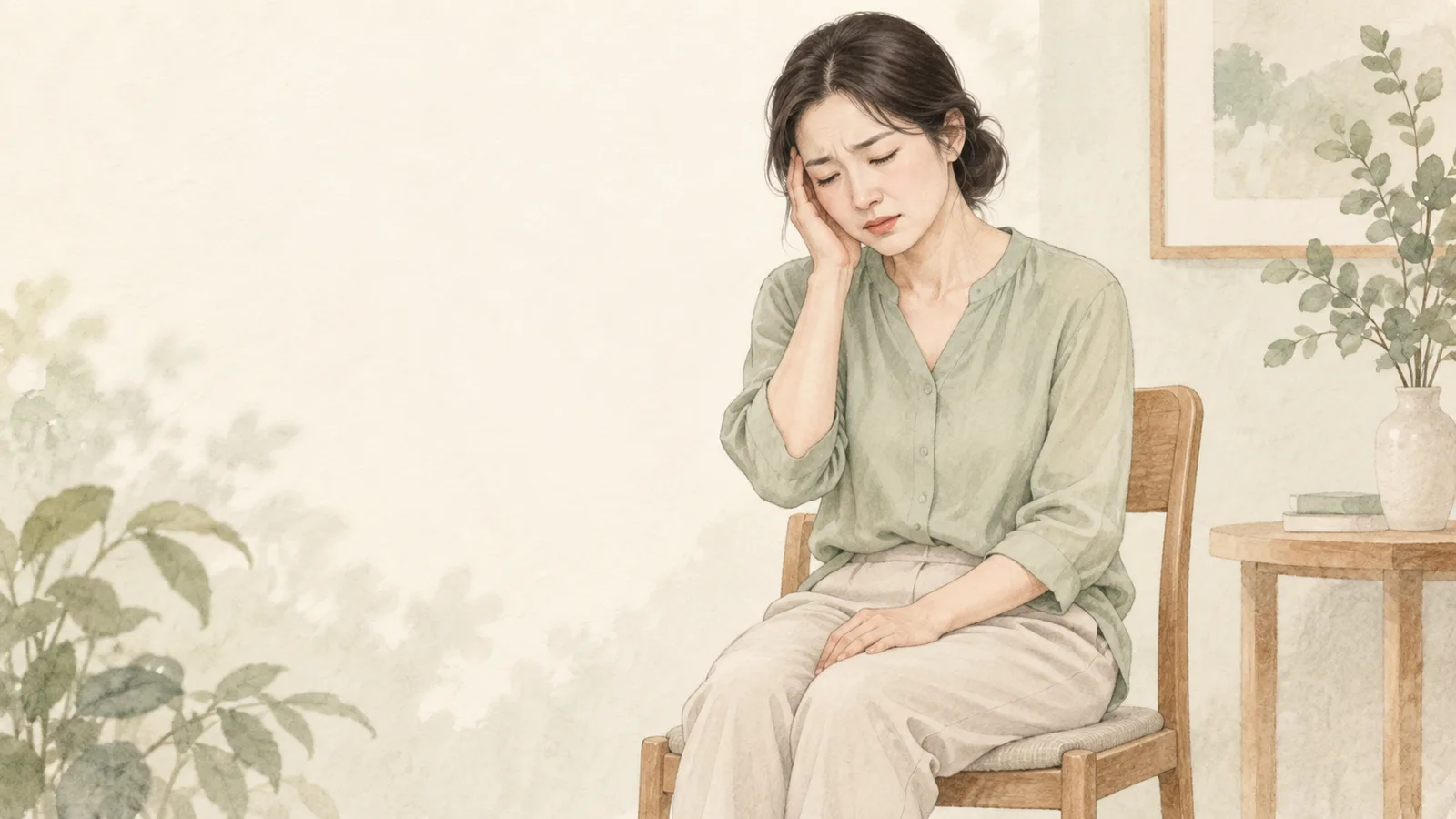 의자에 앉은 한국 여성이 한 손을 머리 옆에 대고 불편한 표정을 짓는 차분한 색감의 일러스트