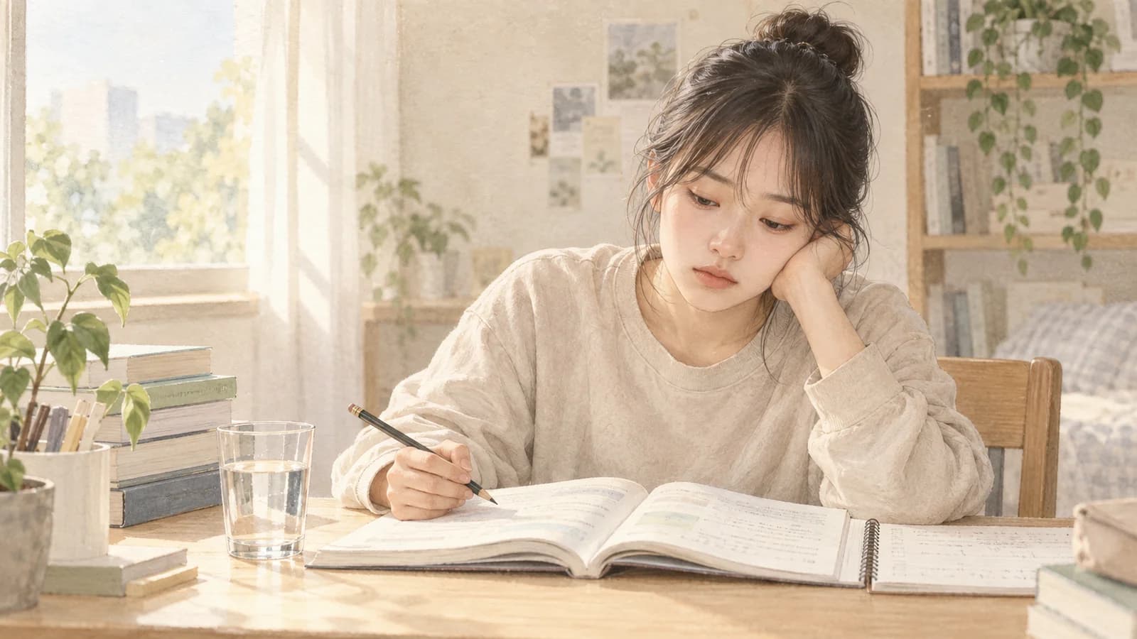책상 앞에서 피곤한 표정으로 공부하는 한국 여학생의 일러스트